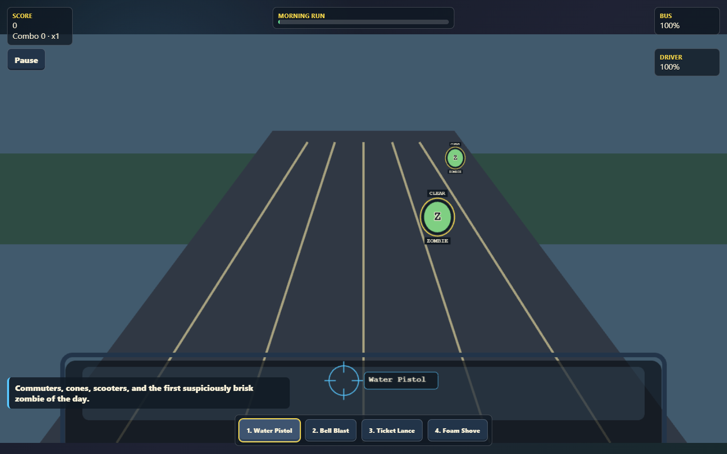 EDINBUS gameplay showing a road, hazards, score and front-seat tool controls