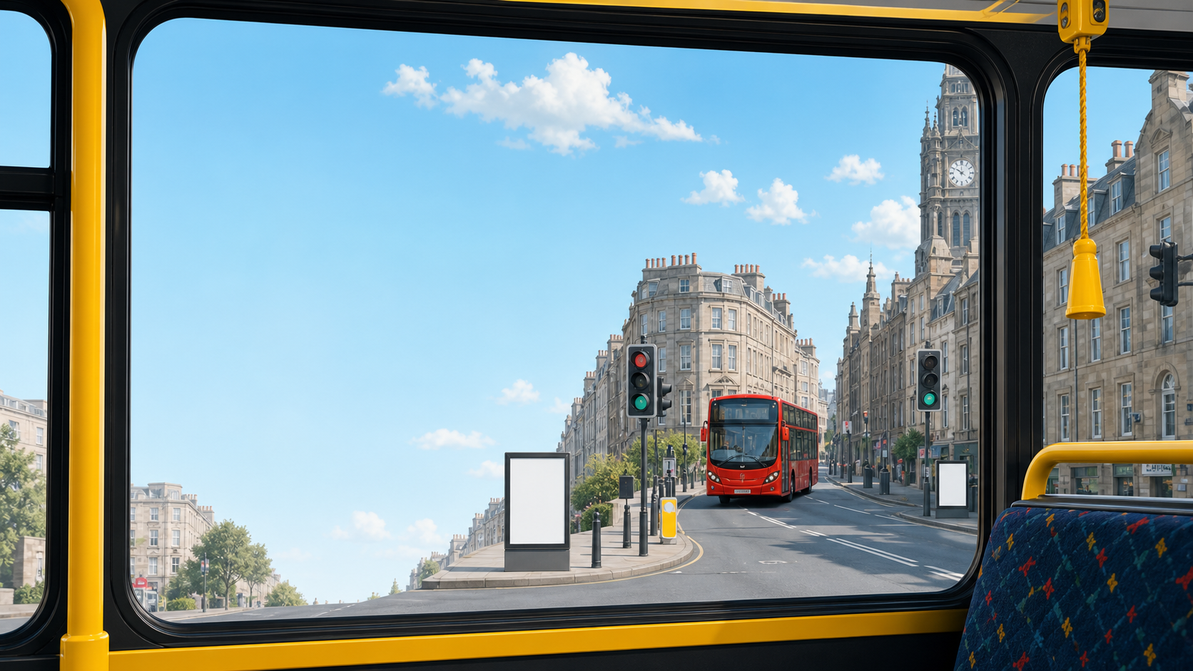 View from a city bus window across a bright street with another bus approaching
