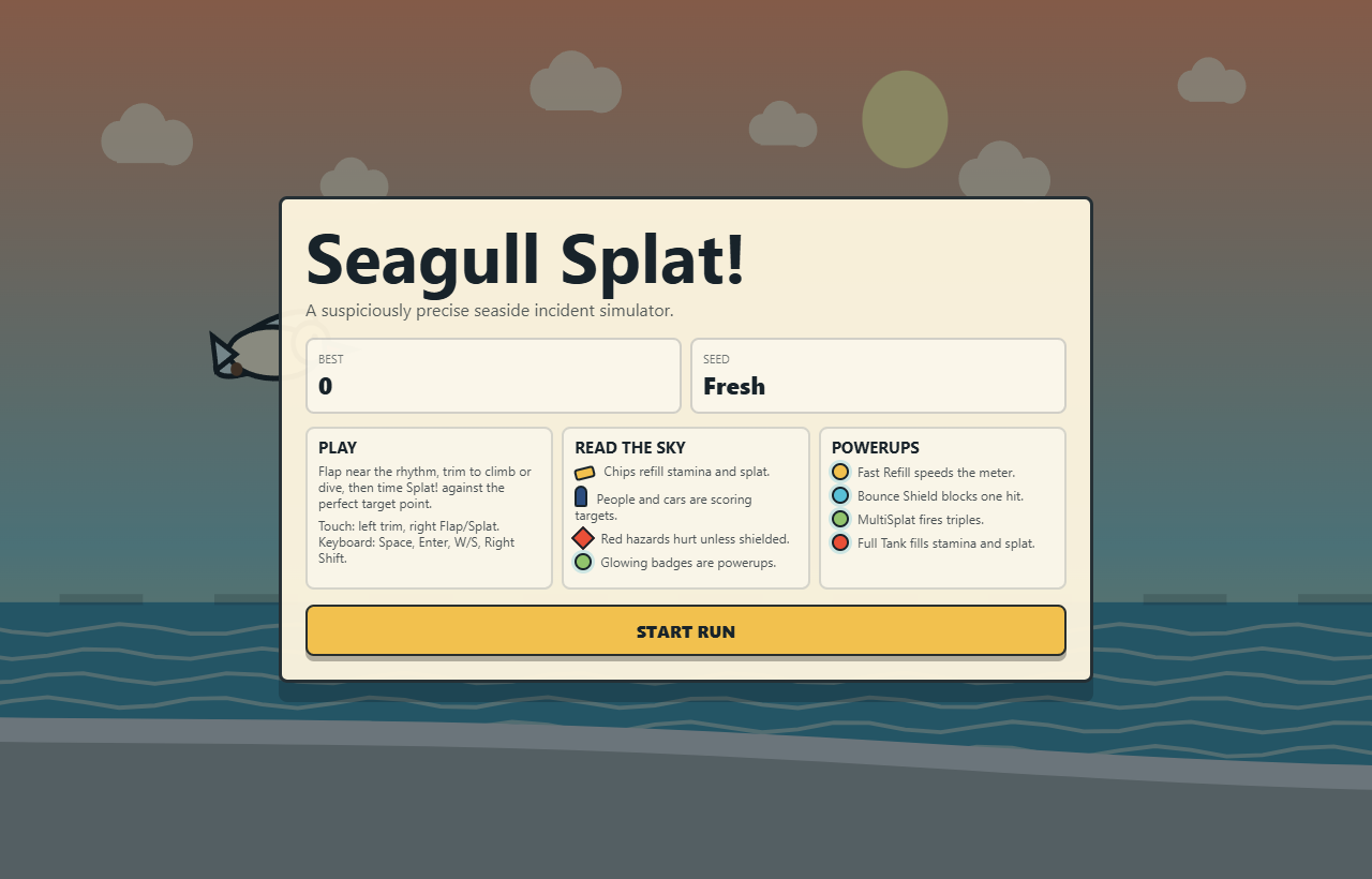 Seagull Splat title screen over a seaside scene