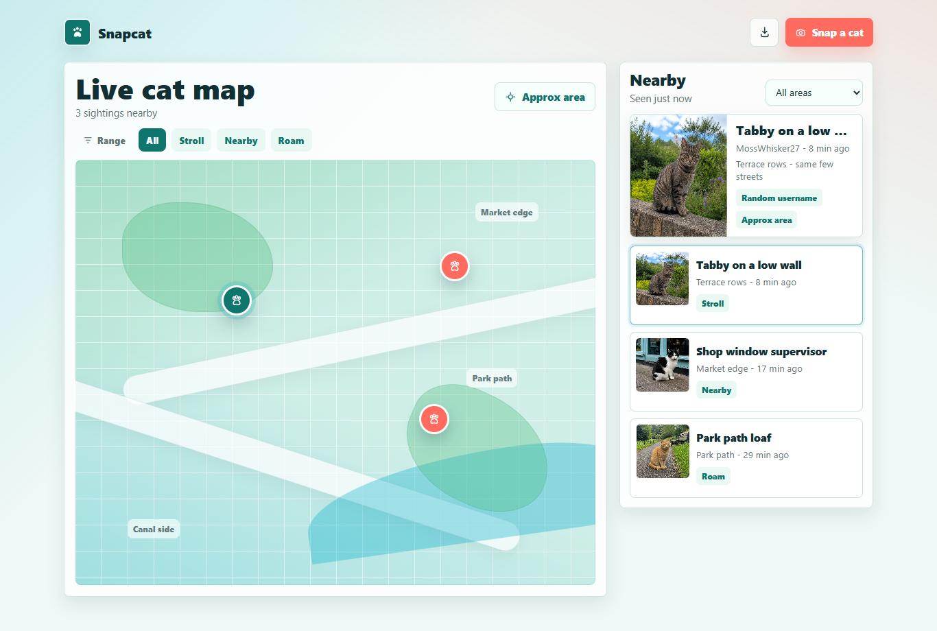 Snapcat approximate cat sighting map and nearby sightings